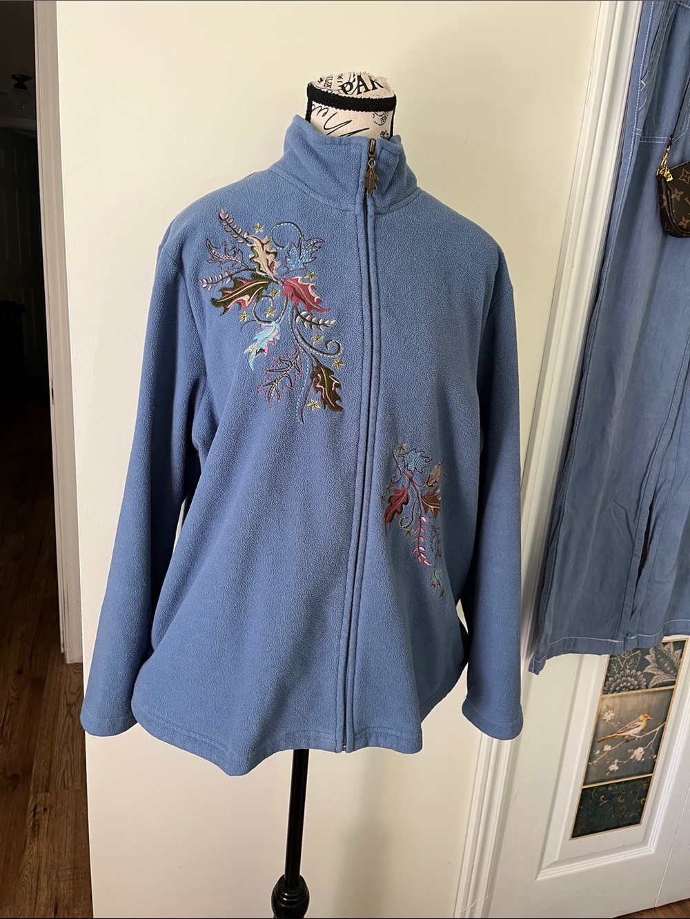 Women's Denim Blue Embroidered Teddy Fleece Jacket